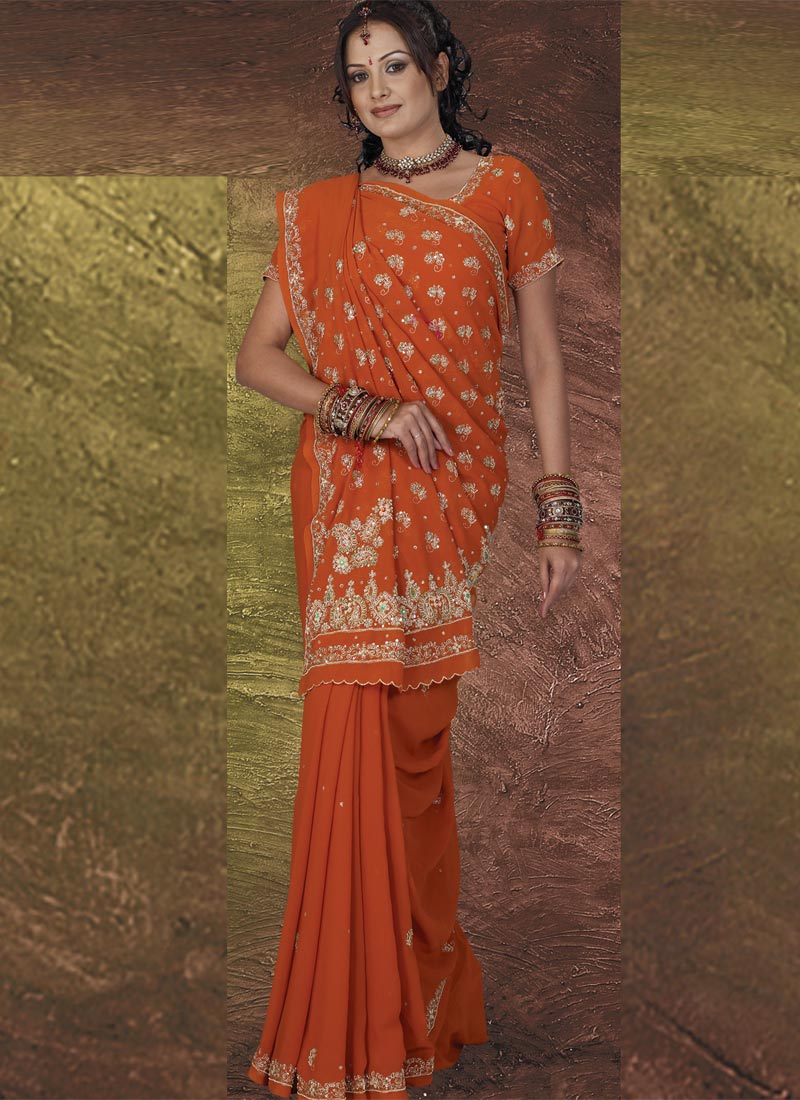 orange-gujarati-sari Sari with Gujarati Drape